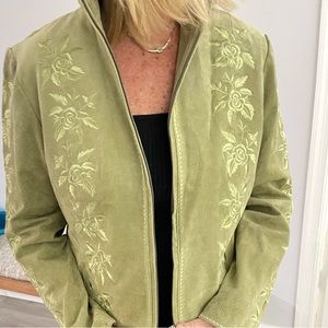 savvy suede zip front embroidered jacket.